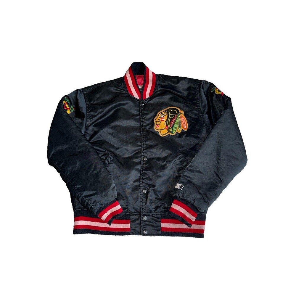 Vintage 80s Starter Chicago Blackhawks Jacket Red Satin Bomber Small NHL